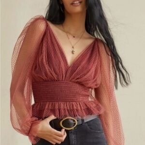 Anthropologie Sheer V-Neck Wine Blouse